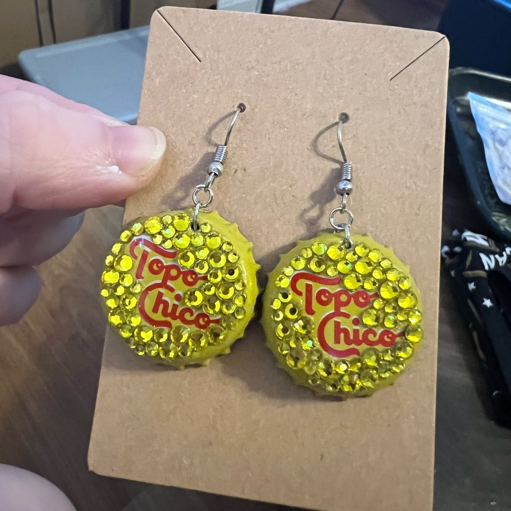 Hand jeweled Topo Chico bottle cap earrings